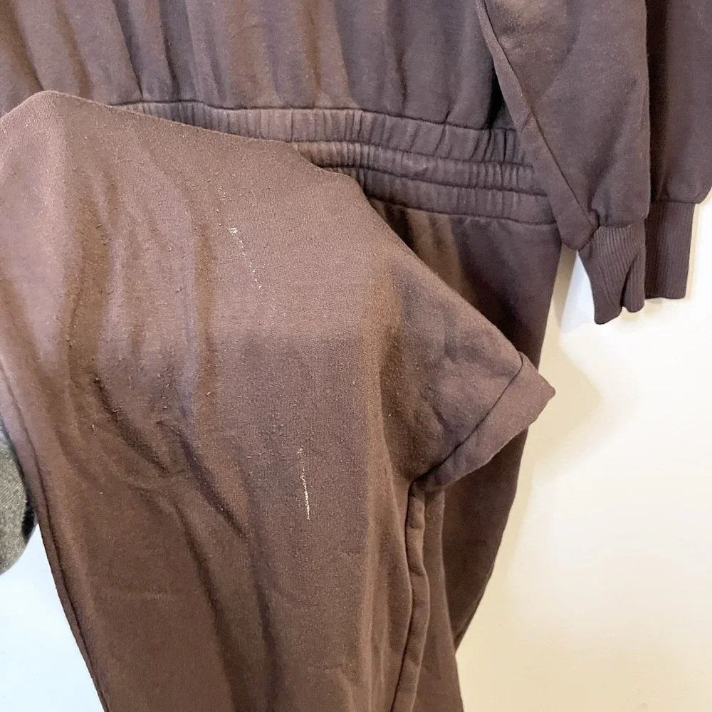 CALIA Brown Drawstring Soft Long Sleeve Jogger Sweatpants Jumpsuit V-Neck Lounge